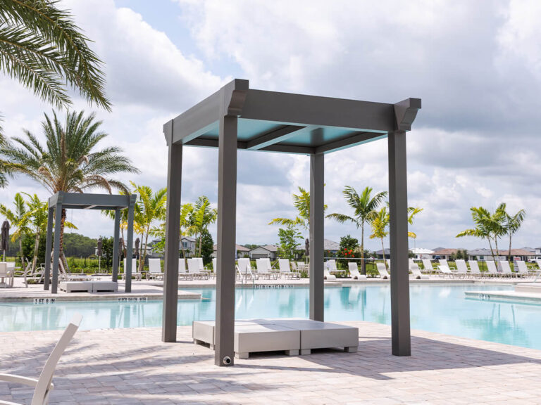R-SHADE™ R-SHADE™ insulated patio cover over pool area, durable frame and minimal maintenance.