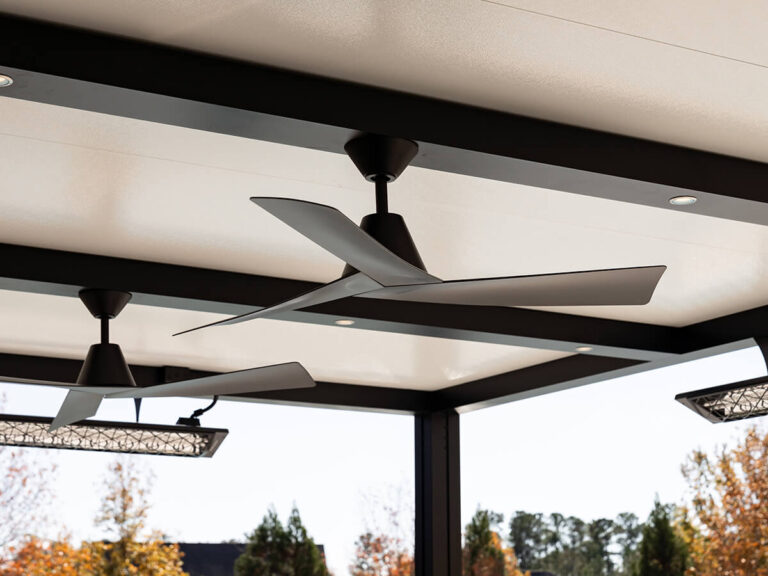 R-SHADE™ R-SHADE™ insulated patio cover with integrated ceiling fan and lighting, showcasing durable frame and minimal maintenance.
