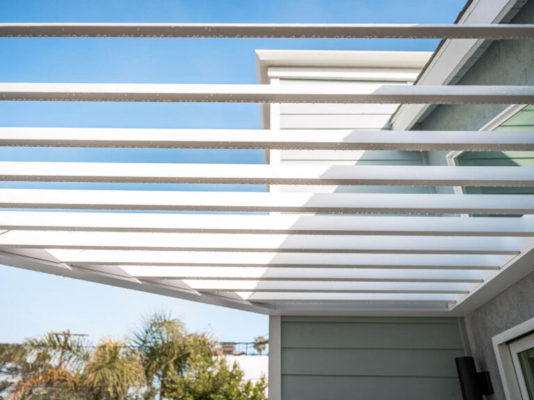 R-BREEZE™ slatted roof pergola providing shade and adaptable outdoor living in Indianapolis.