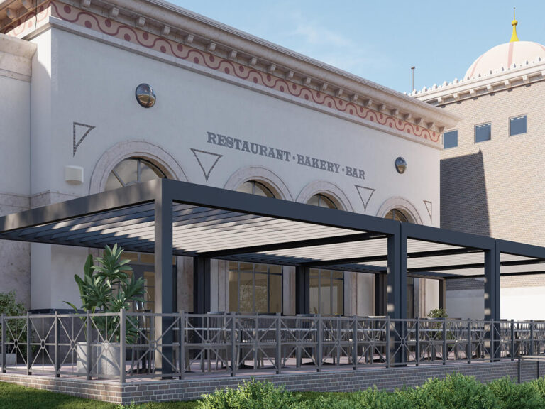 R-BREEZE™ pergola shading restaurant patio, custom outdoor living solution in Indianapolis, IN.