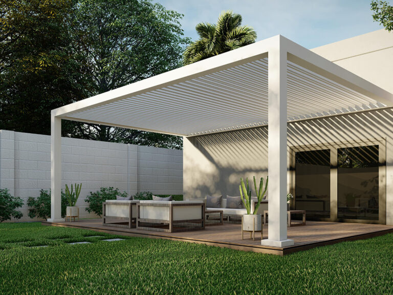 R-BREEZE™ slatted roof pergola providing shade and adaptable outdoor living space.