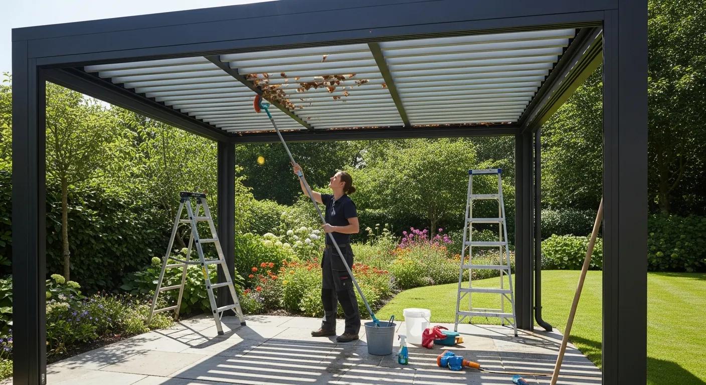 Person maintaining a manual louvered pergola, highlighting the importance of upkeep for durability