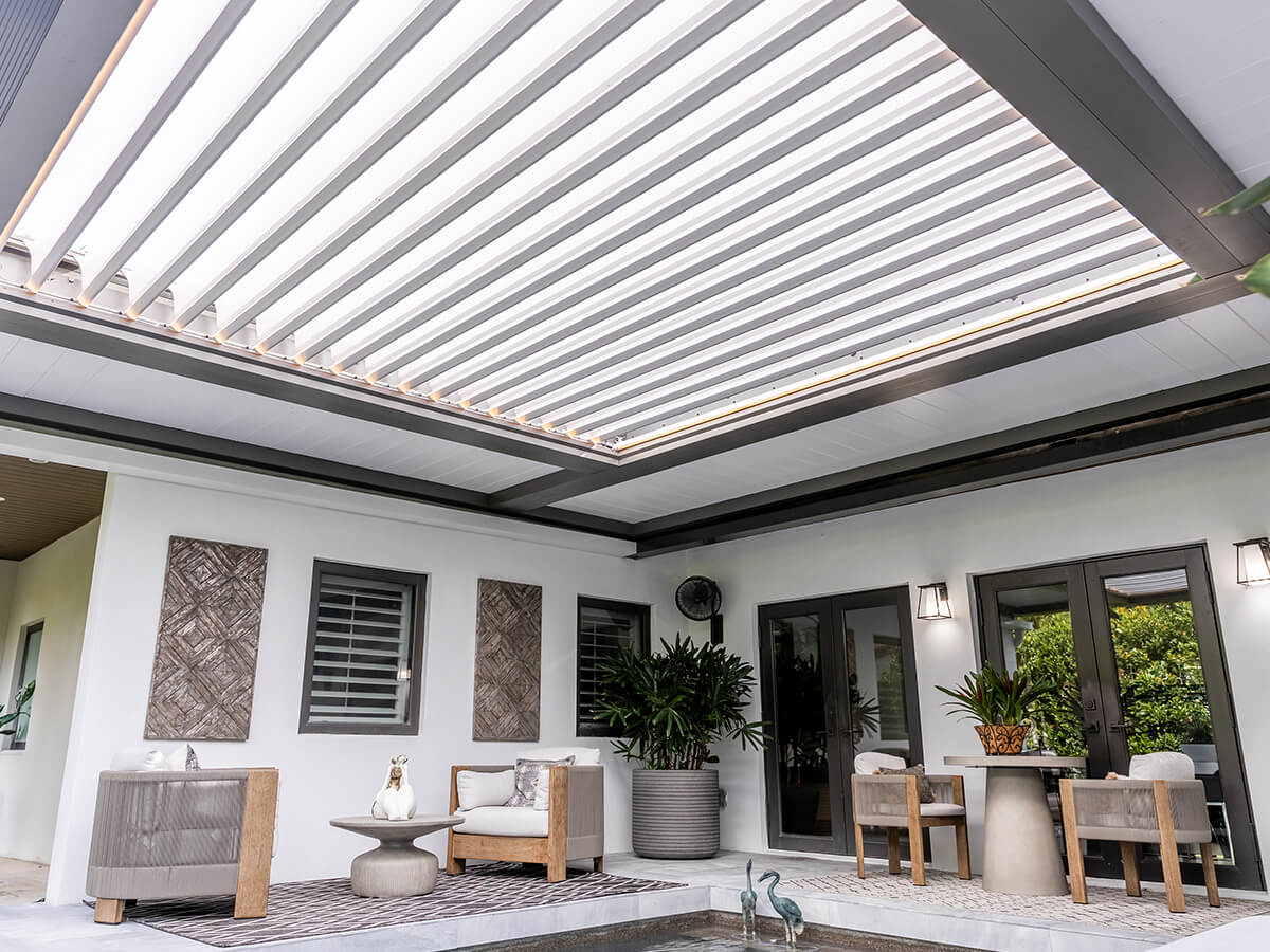 Modern louvered pergola installed on residential patio in Indianapolis