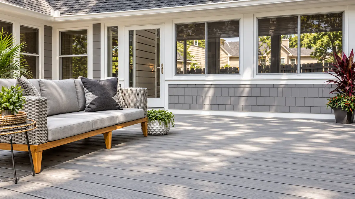 R-SHADE™ Gray composite deck with an outdoor sofa beside a home