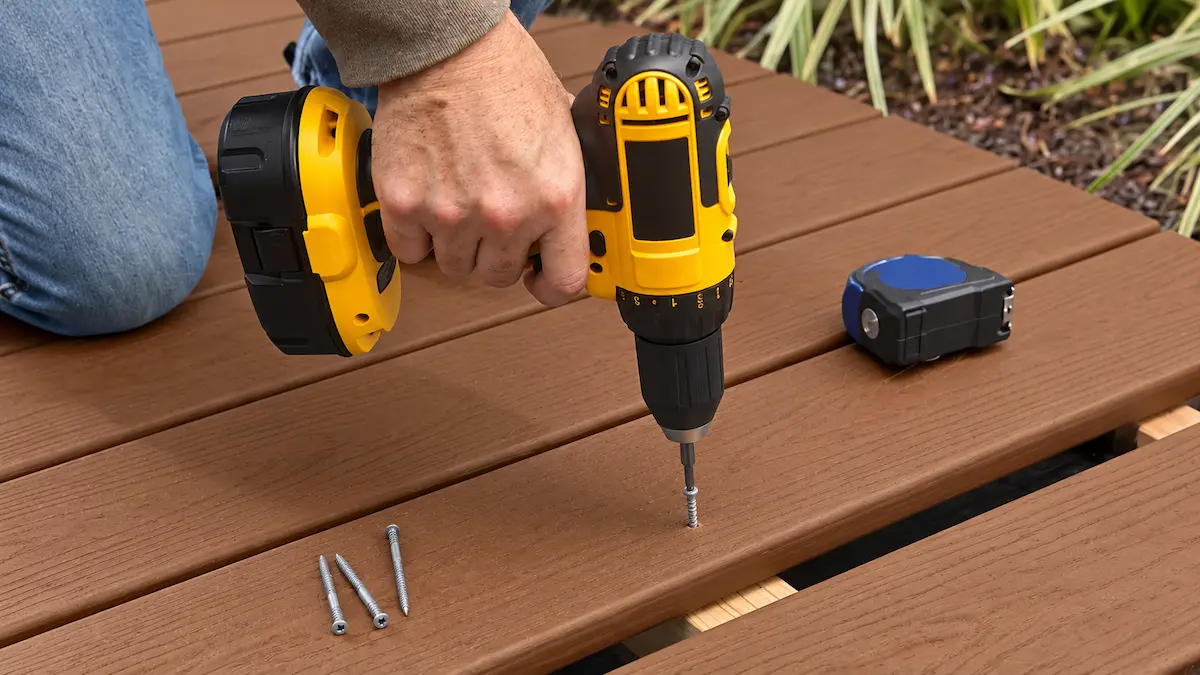 Rblade_D_blog_5 Installer driving a screw into a brown composite deck board