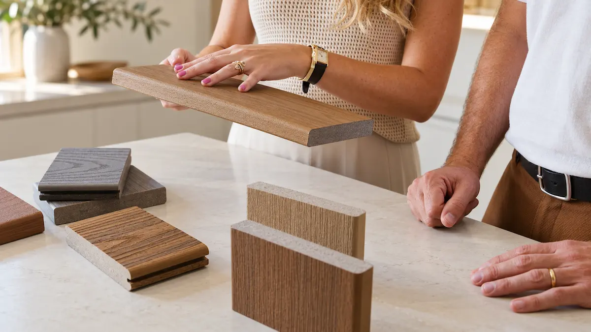 Rblade_D_blog_5 Homeowners comparing composite decking samples in different colors and finishes