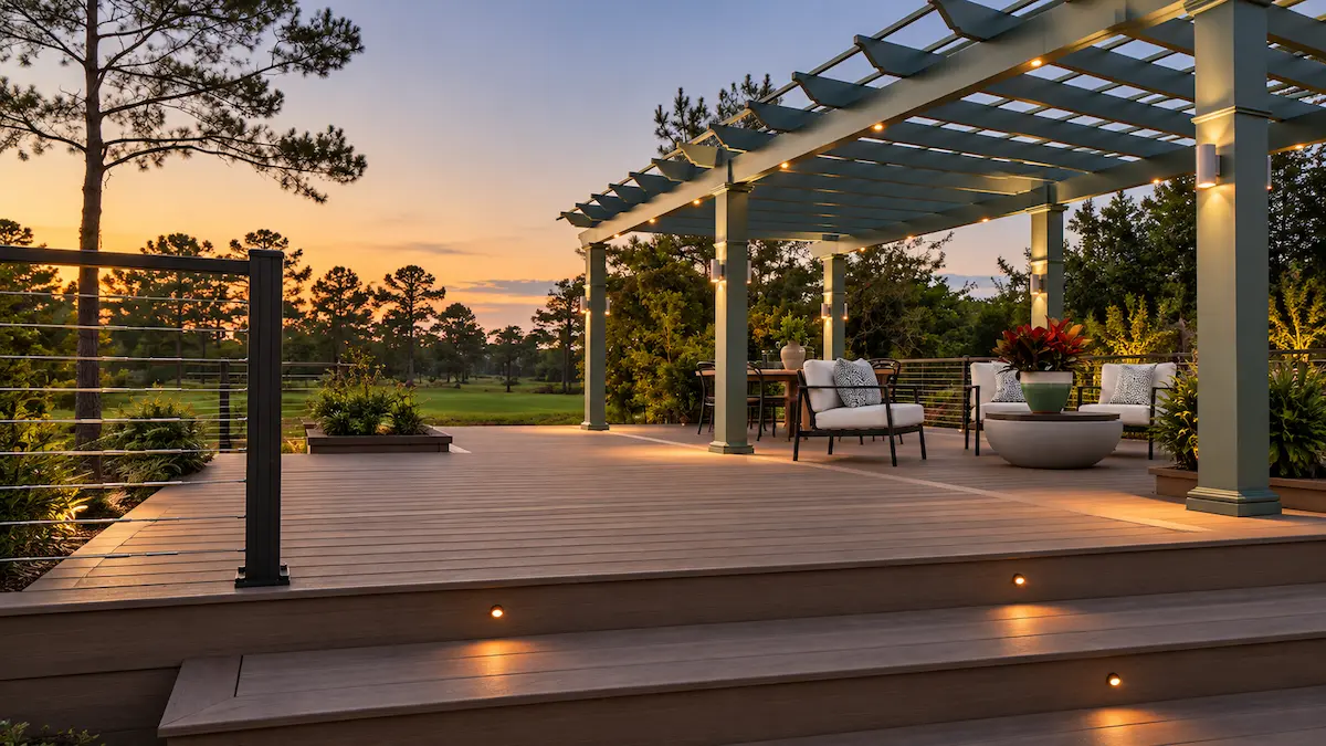 R-SHADE™ Composite deck with illuminated steps, cable railing, and a pergola at sunset