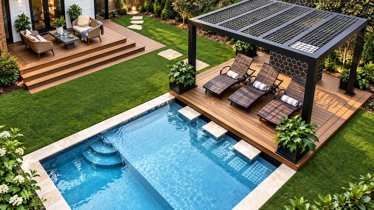 Rblade_D_blog_5 Aerial view of a poolside deck with a black pergola and three lounge chairs
